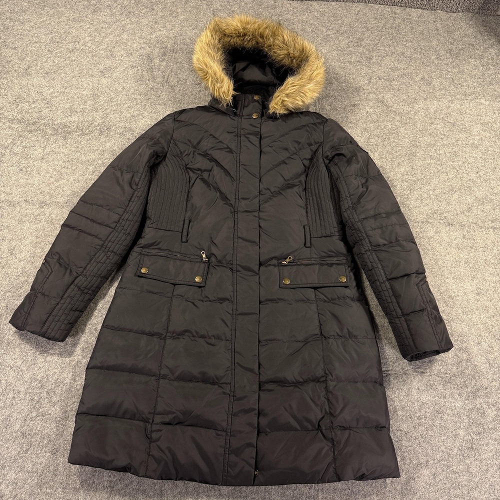 Larry Levine Jacket Womens Medium Black Long Puffer‎ Down Coat Hood Faux Fur